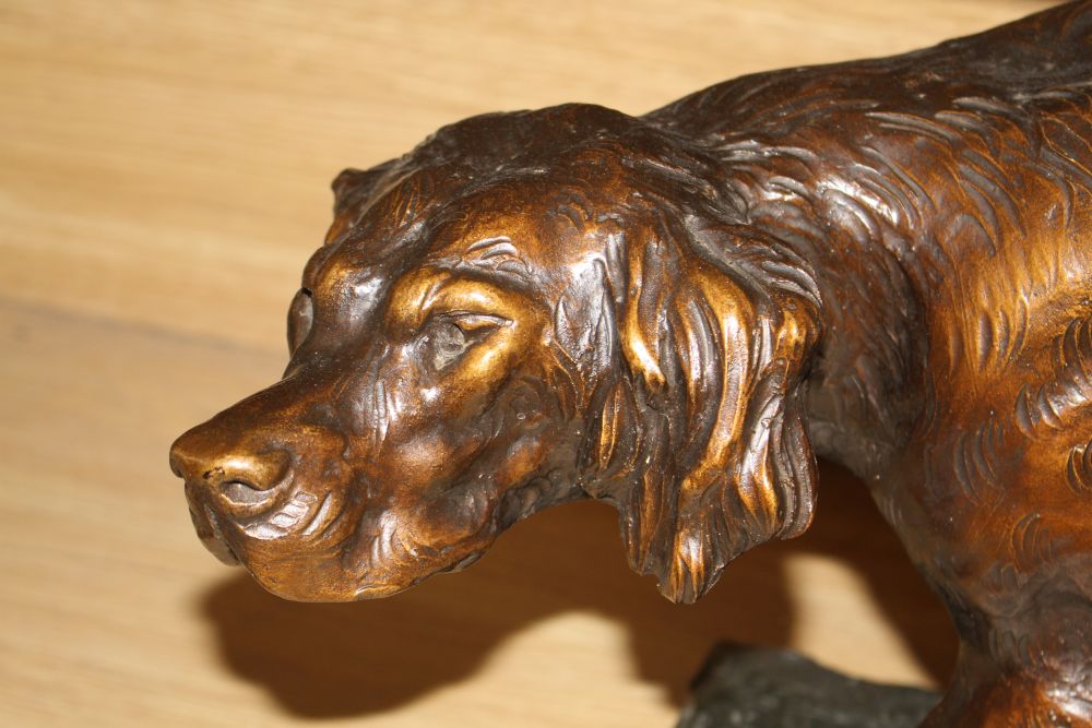 Thomas Francois Cartier (French, 1879-1943). A French bronzed terracotta model of a Gordon Setter, signed, on a naturalistic base,